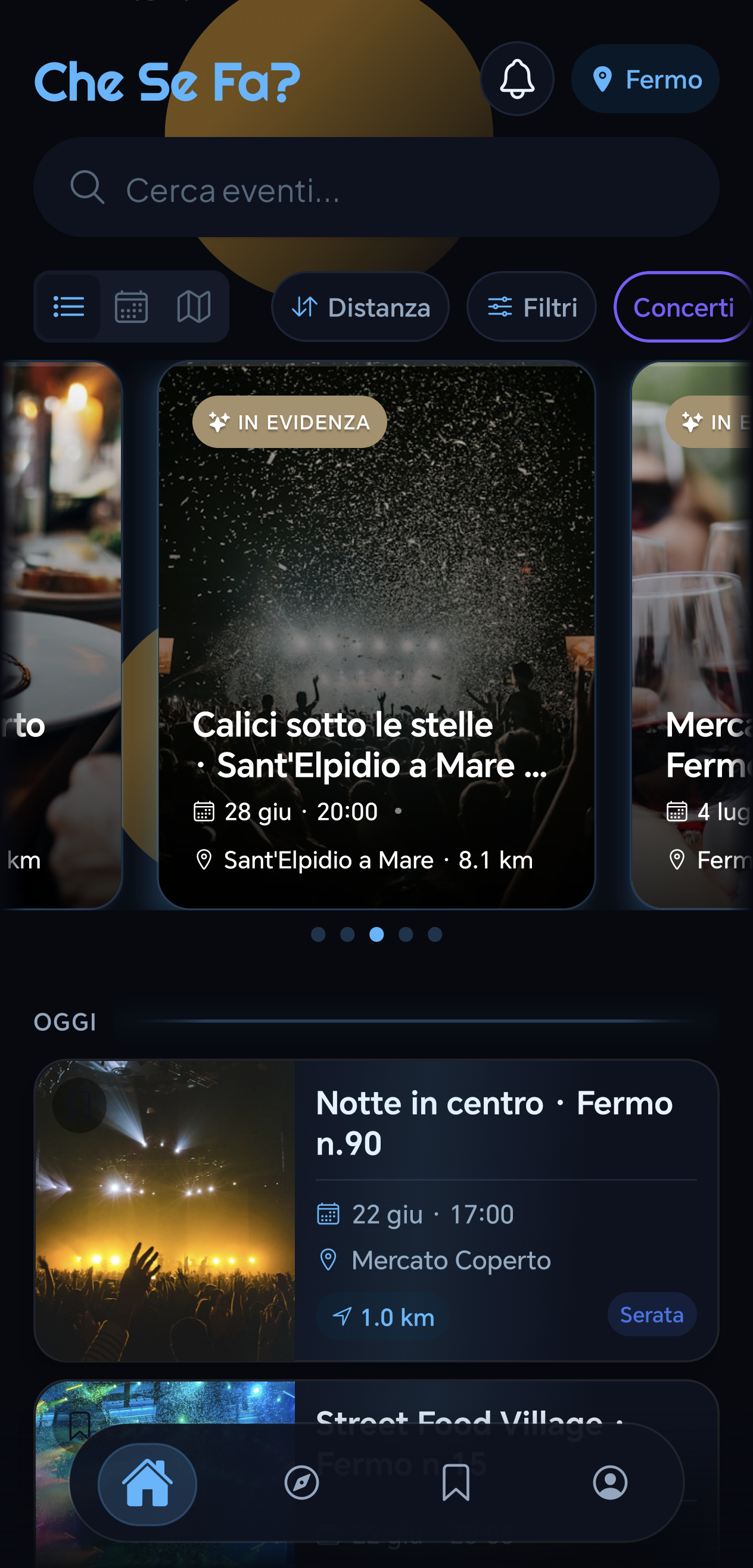 La schermata Home di CheSeFa con gli eventi di stasera a Fermo
