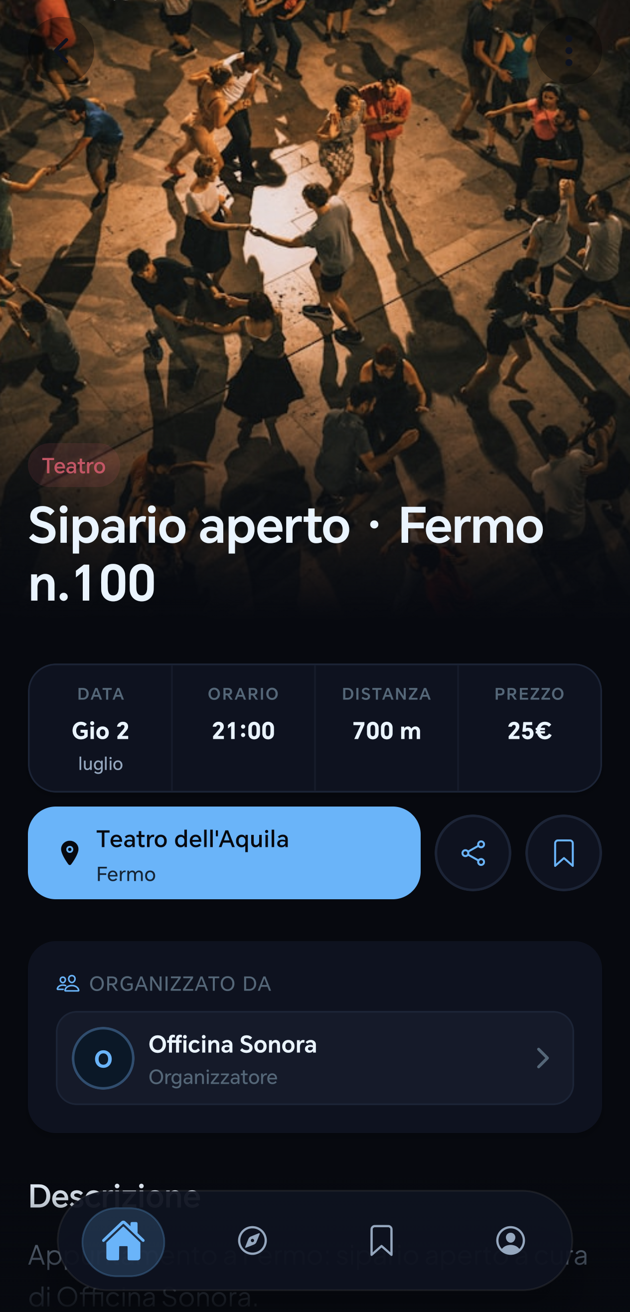 Dettaglio evento: data, orario, luogo, prezzo e organizzatore