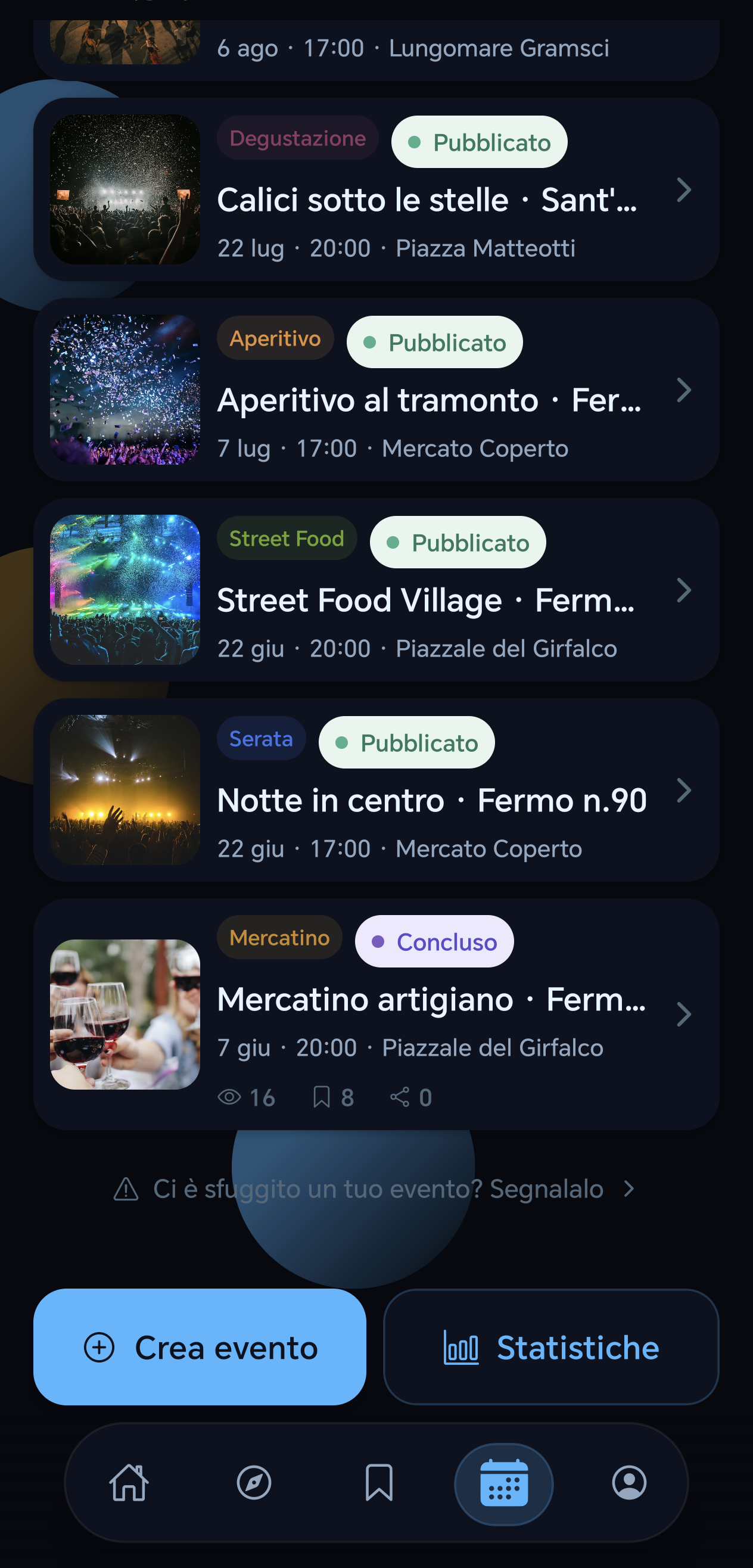 La schermata 'I tuoi eventi' dell'organizzatore con stato e statistiche